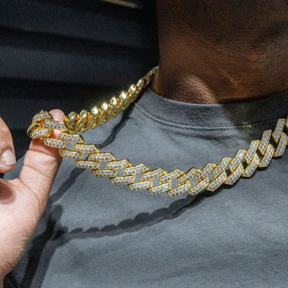 Gold Jewelry -  Mens 14K Gold Iced Out VVS Two Row Prong Set Miami Cuban Link Chain