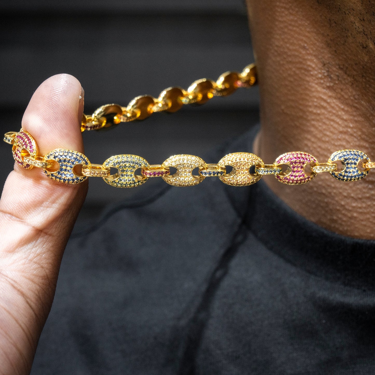 Gold Jewelry -  Mens 14K Gold Iced Out VVS Rainbow Puff Link Chain