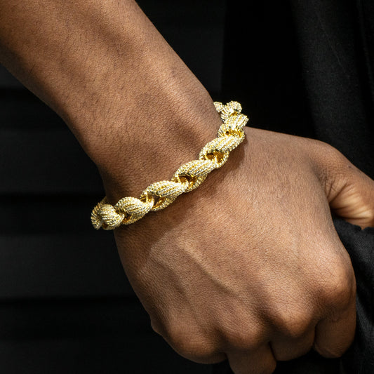 Gold Jewelry -  Mens 14K Gold Iced Out VVS Solid Rope Bracelet