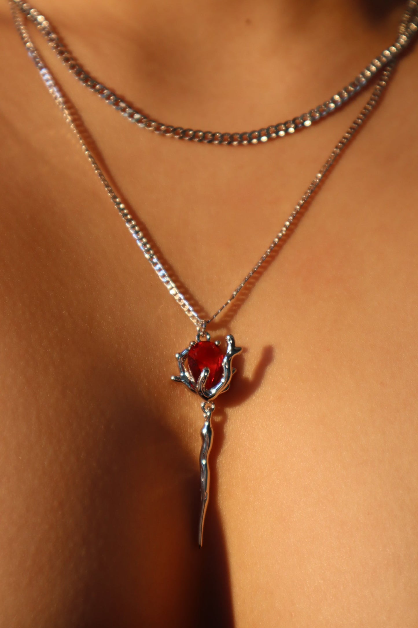 Palladium White Gold Plated Red Rose Layer Necklace
