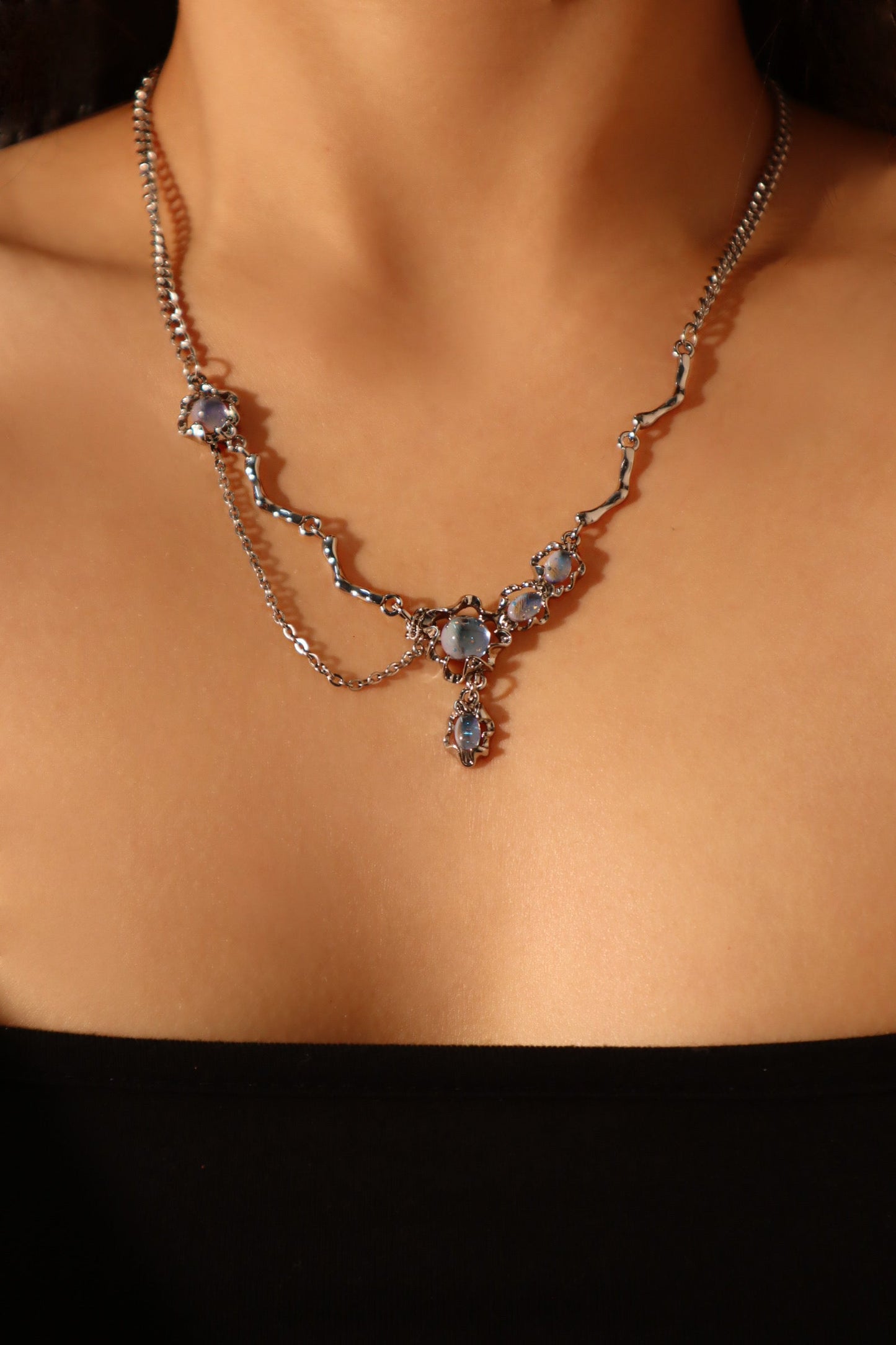 Palladium White Gold Plated Moonstone Dangle Necklace