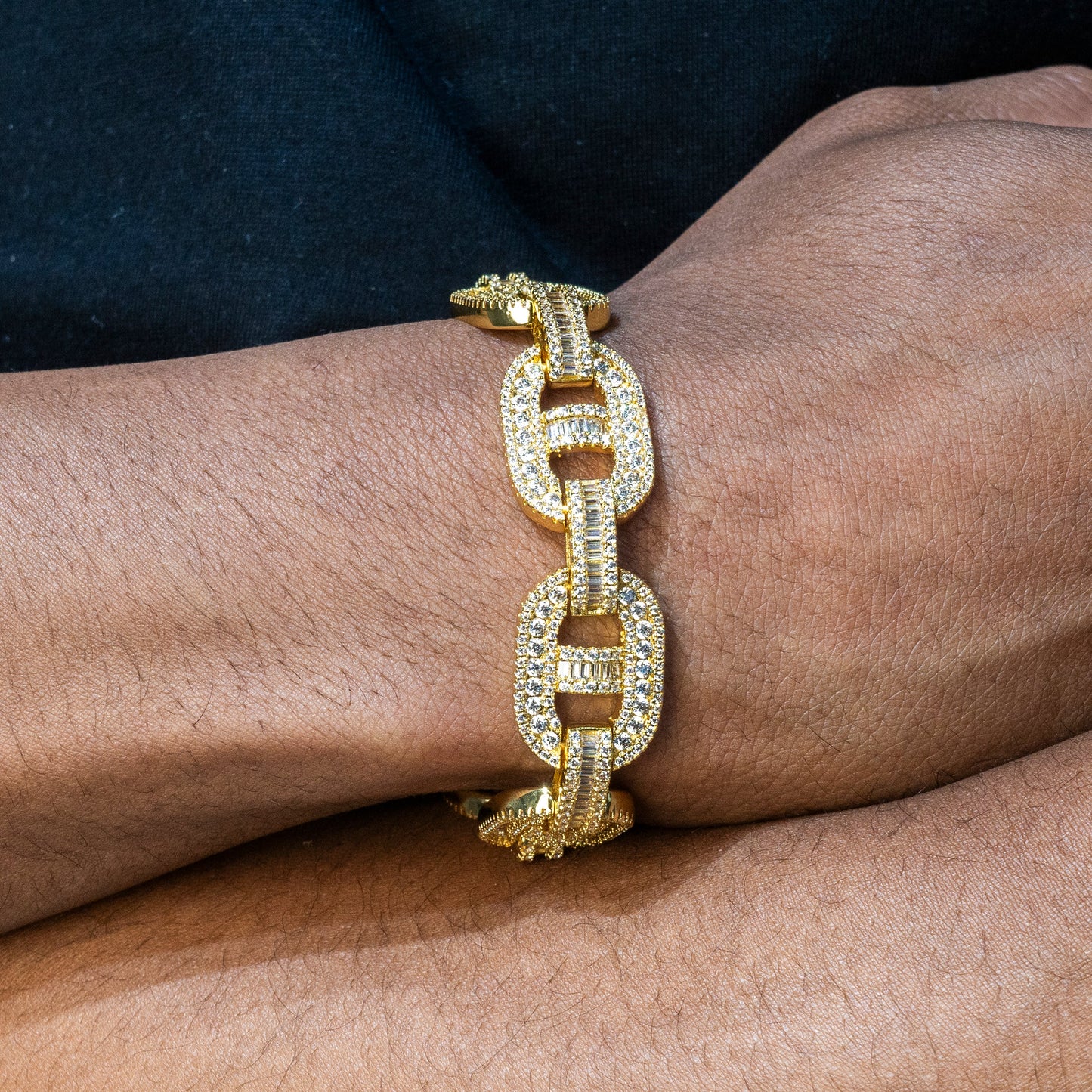 Gold Jewelry -  Mens 14K Gold Iced Out VVS Baguette Mariner Bracelet
