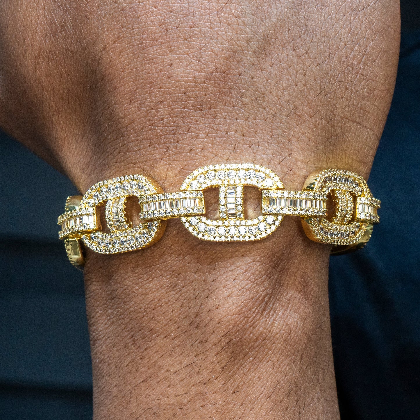 Gold Jewelry -  Mens 14K Gold Iced Out VVS Baguette Mariner Bracelet