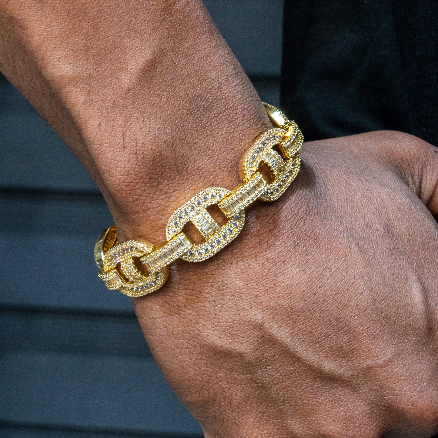 Gold Jewelry -  Mens 14K Gold Iced Out VVS Baguette Mariner Bracelet