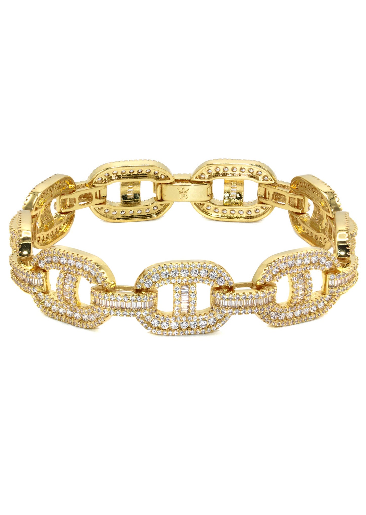 Gold Jewelry -  Mens 14K Gold Iced Out VVS Baguette Mariner Bracelet