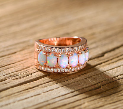 18K White Gold Plated Opal Band Ring