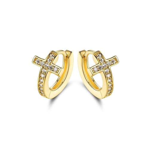 18K Gold Plated Cross Huggie Earrings