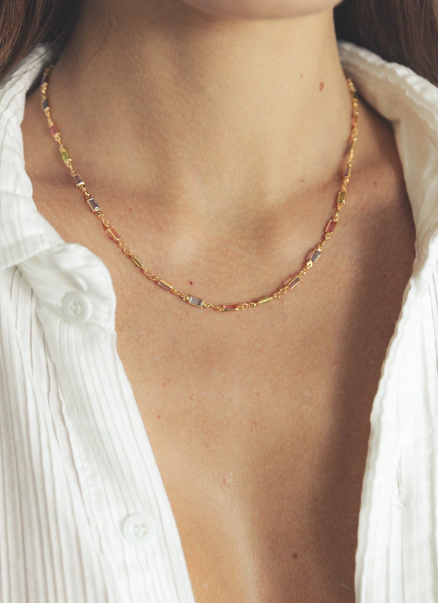 Barzel 18K Gold Plated Multi Stone Crystal Baguette Necklace for Women - Made In Brazil