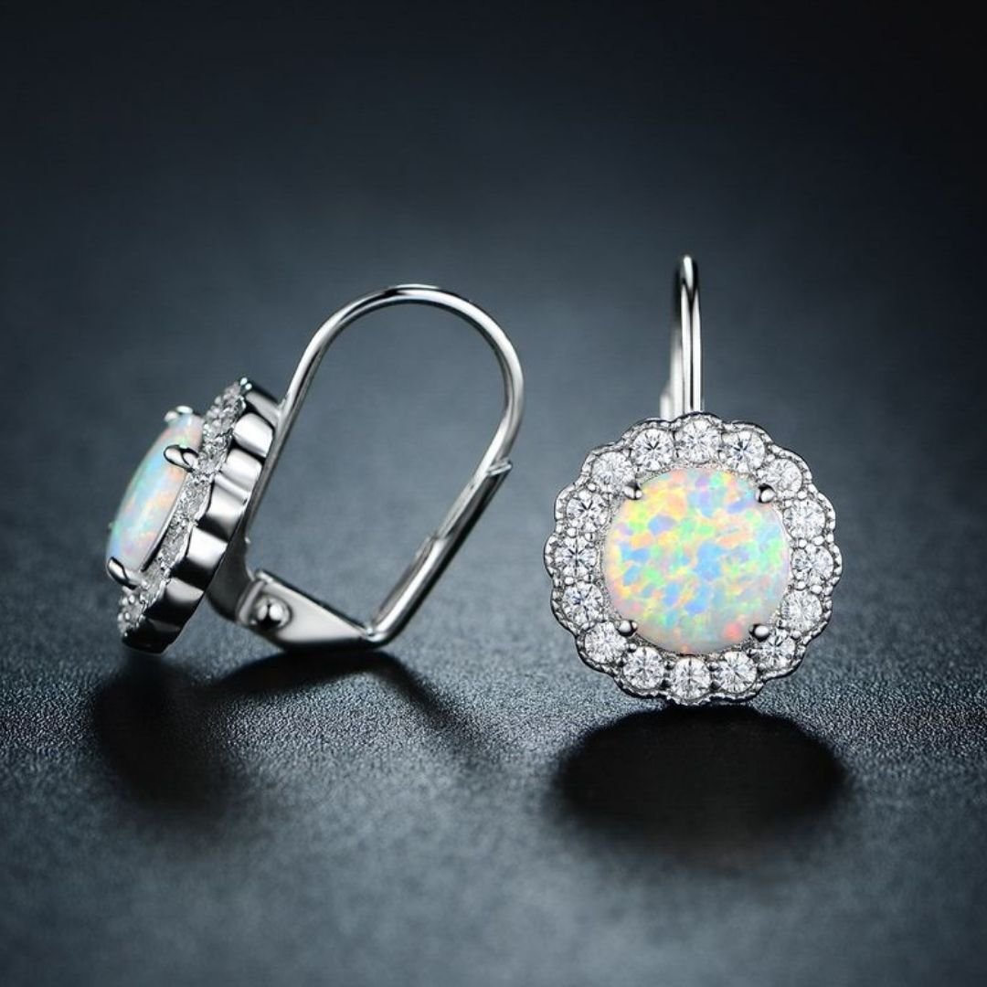 18K White Gold Plated Flower Opal Huggie Earrings