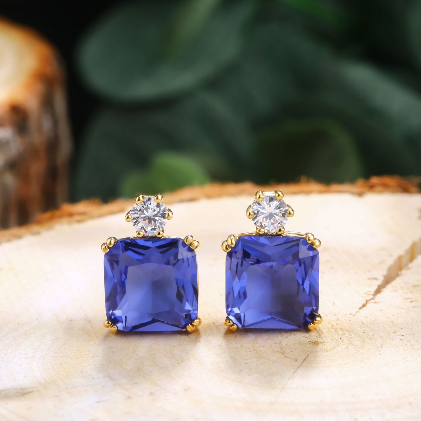 18K Gold Plated Square Cut Gemstone Earrings