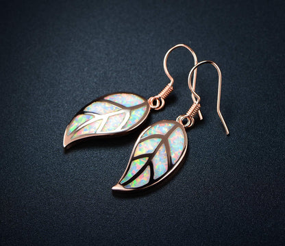 18K Rose Gold Plated Opal Leaf Dangling Earrings
