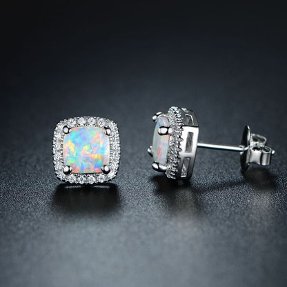 18K White Gold Plated Opal Stud Earrings