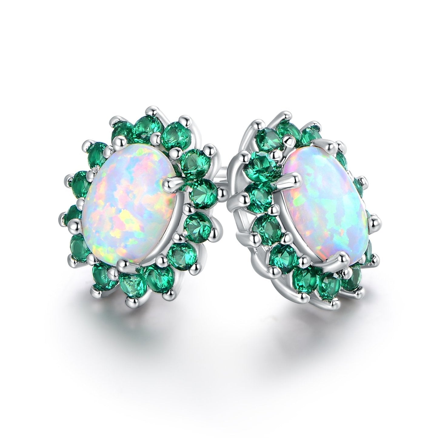 18K White Gold Plated Opal Flower Earrings