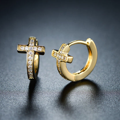 18K Gold Plated Cross Huggie Earrings