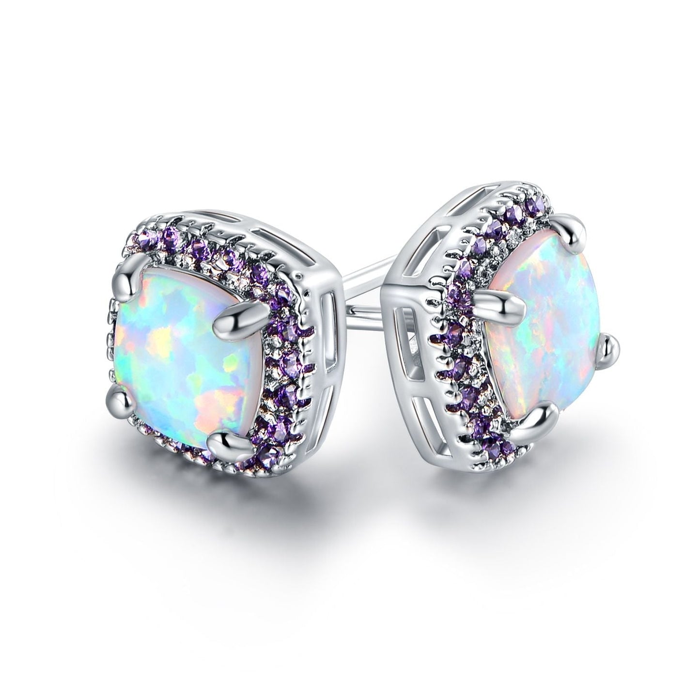 18K White Gold Plated Opal Stud Earrings