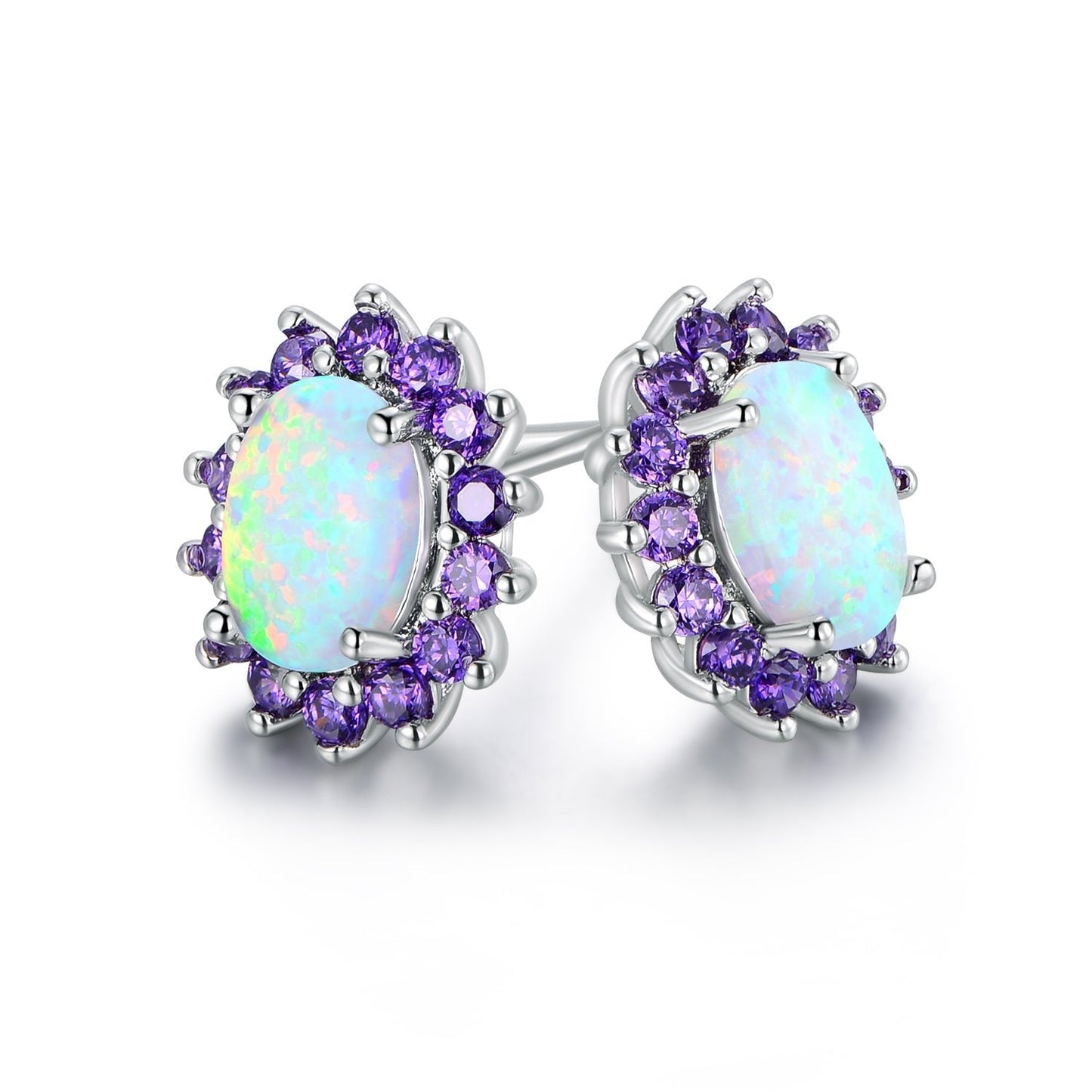 18K White Gold Plated Opal Flower Earrings