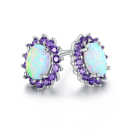 18K White Gold Plated Opal Flower Earrings