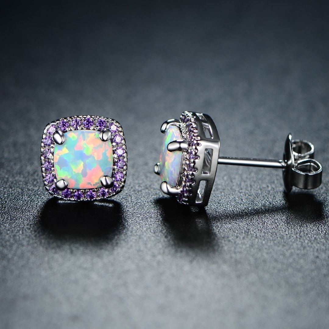 18K White Gold Plated Opal Stud Earrings