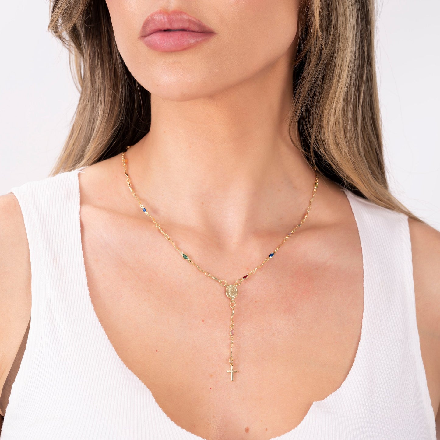 Barzel 18K Gold Plated Multicolor Virgin Mary Necklace - Made In Brazil