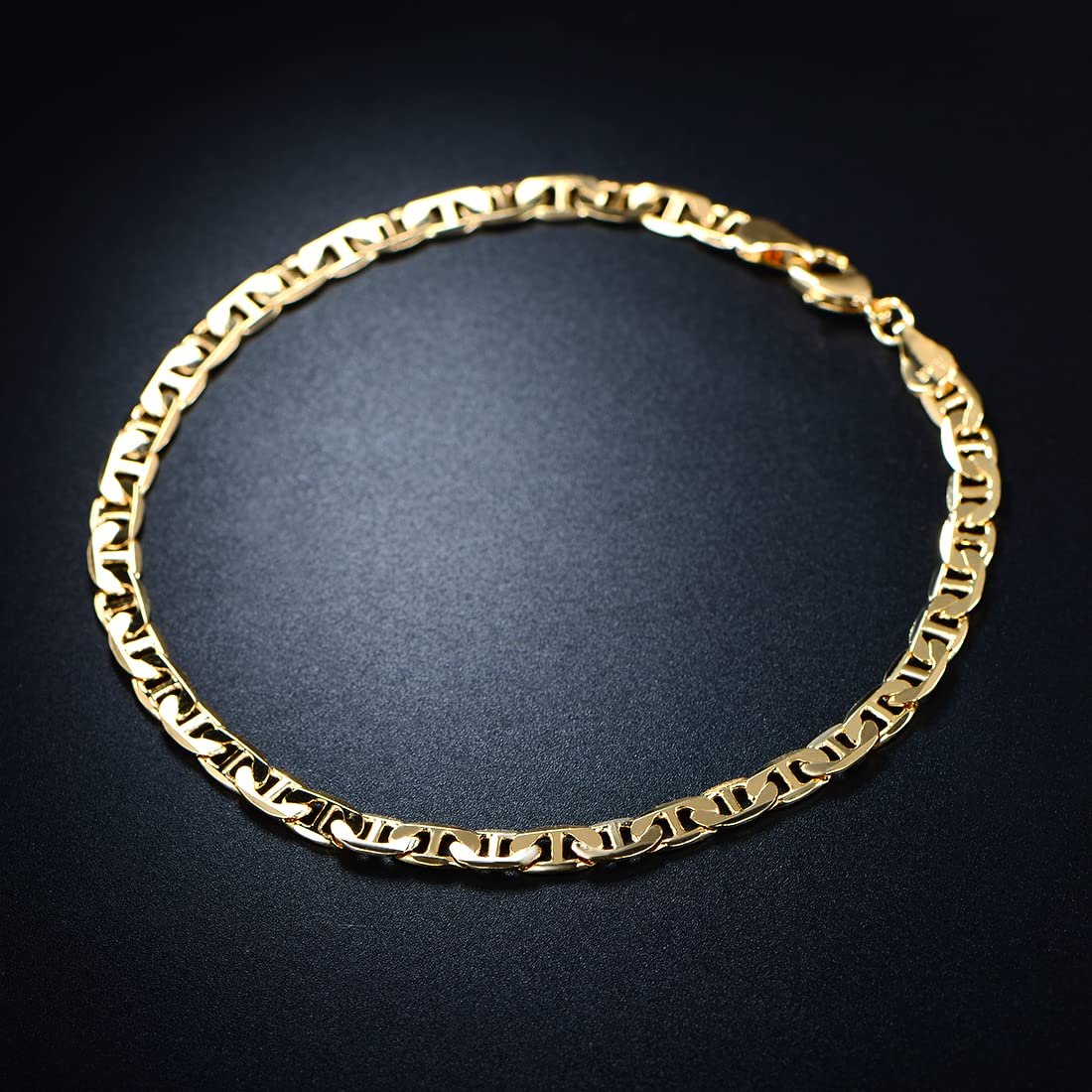 Barzel 18K Gold Plated Flat Mariner / Marina Link Gold Chain Bracelet - Made In Brazil