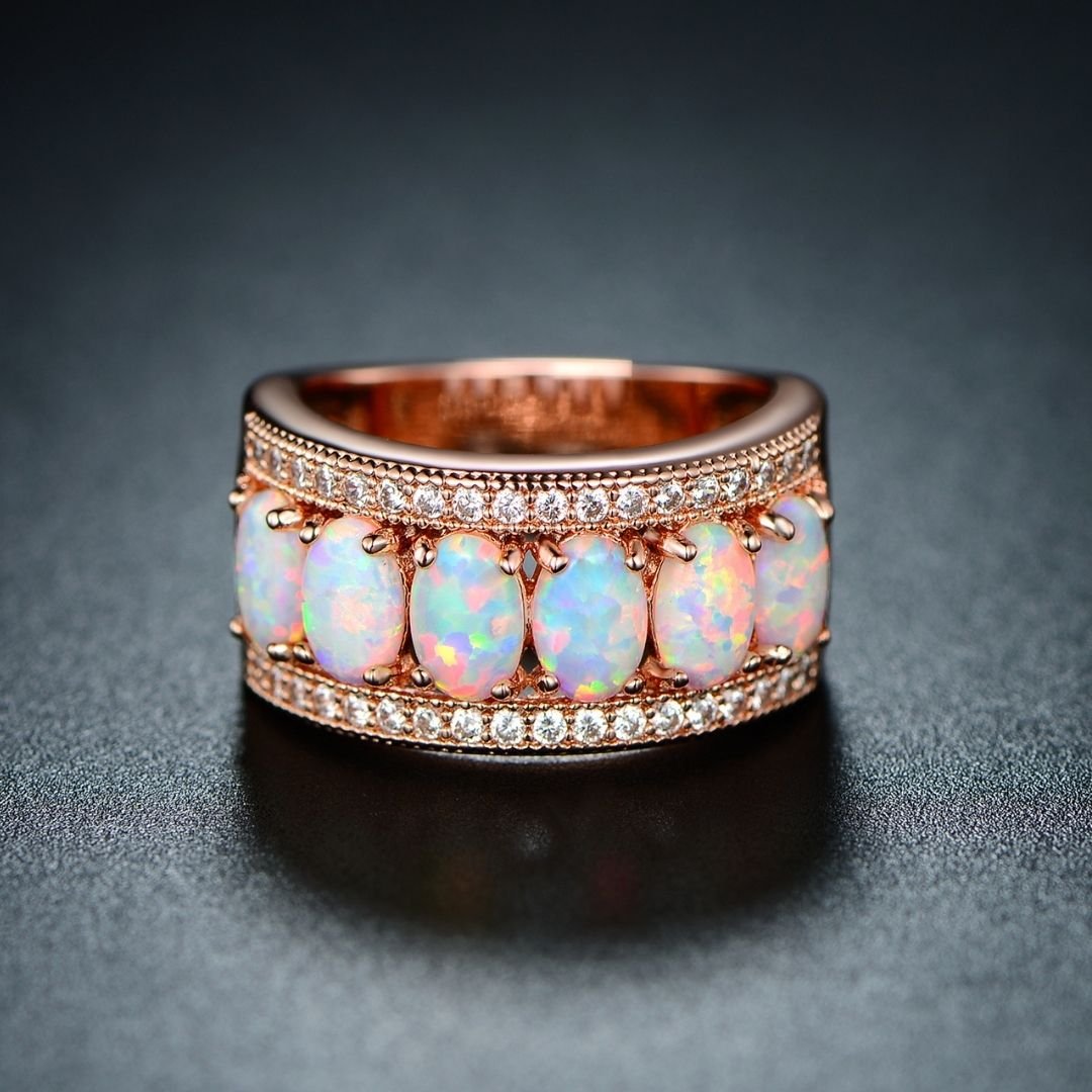 18K White Gold Plated Opal Band Ring