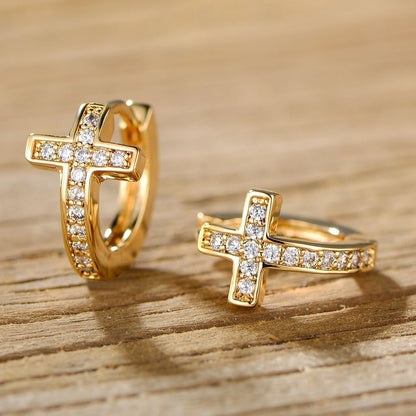 18K Gold Plated Cross Huggie Earrings