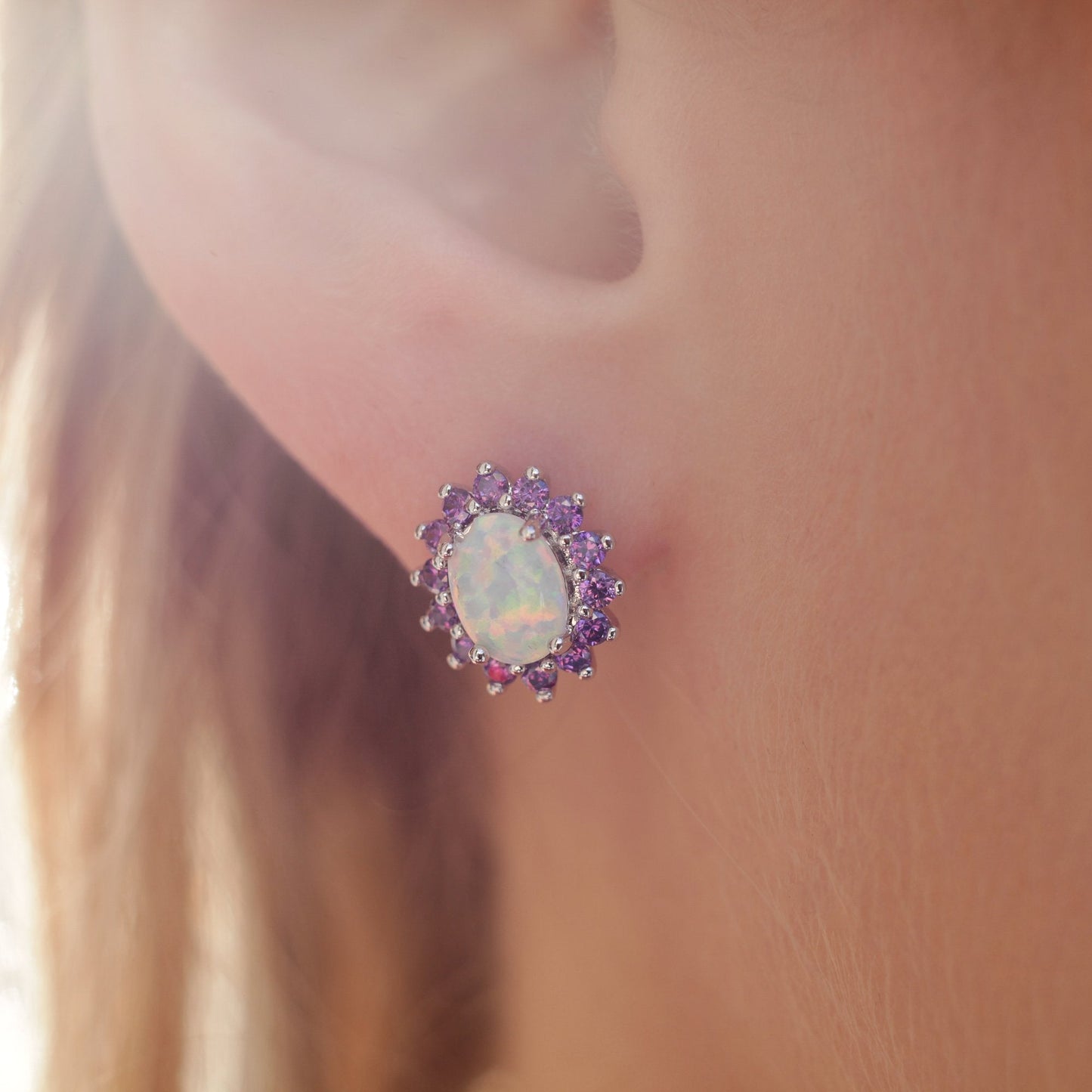 18K White Gold Plated Opal Flower Earrings