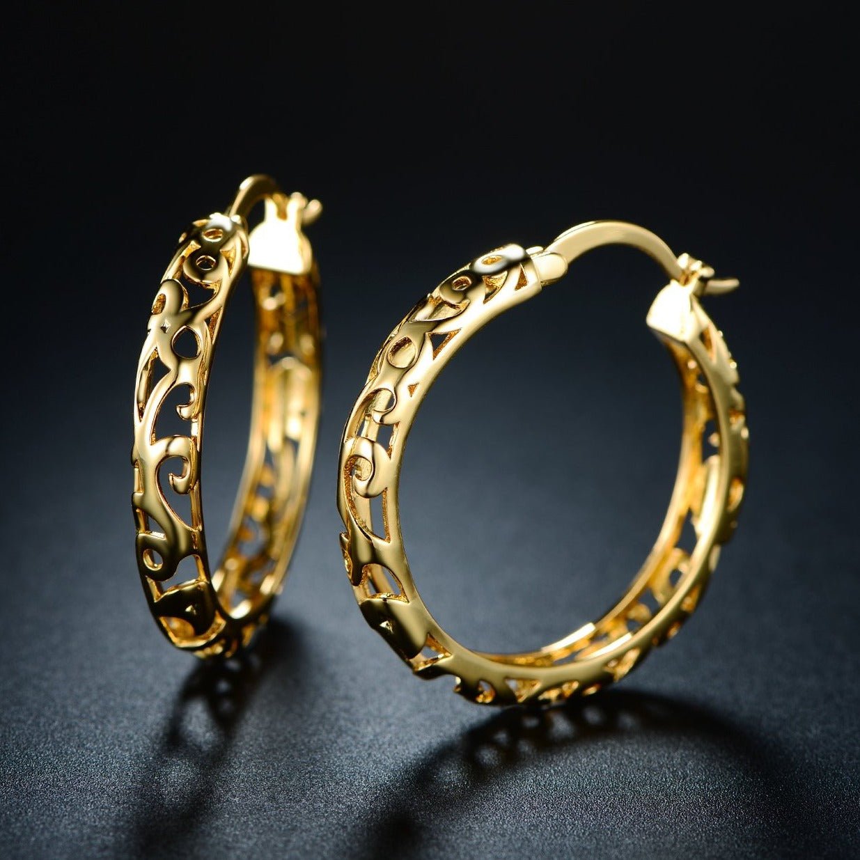 18K Gold Plated Filigree Patterned Hoop Earrings