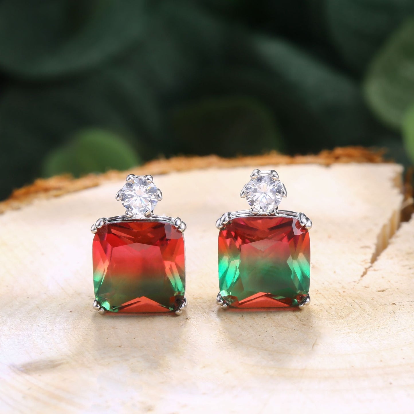 18K Gold Plated Square Cut Gemstone Earrings