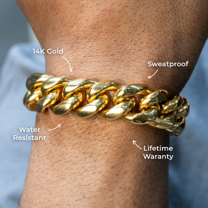 Gold Jewelry -  Mens 14K Gold Solid Miami Cuban Link Bracelet