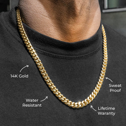 Gold Jewelry -  Mens 14K Gold Chain Solid Miami Cuban Link