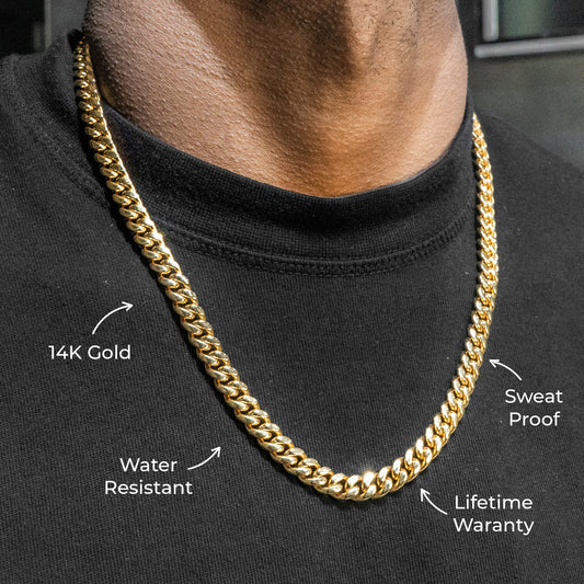 Gold Jewelry -  Mens 14K Gold Chain Solid Miami Cuban Link