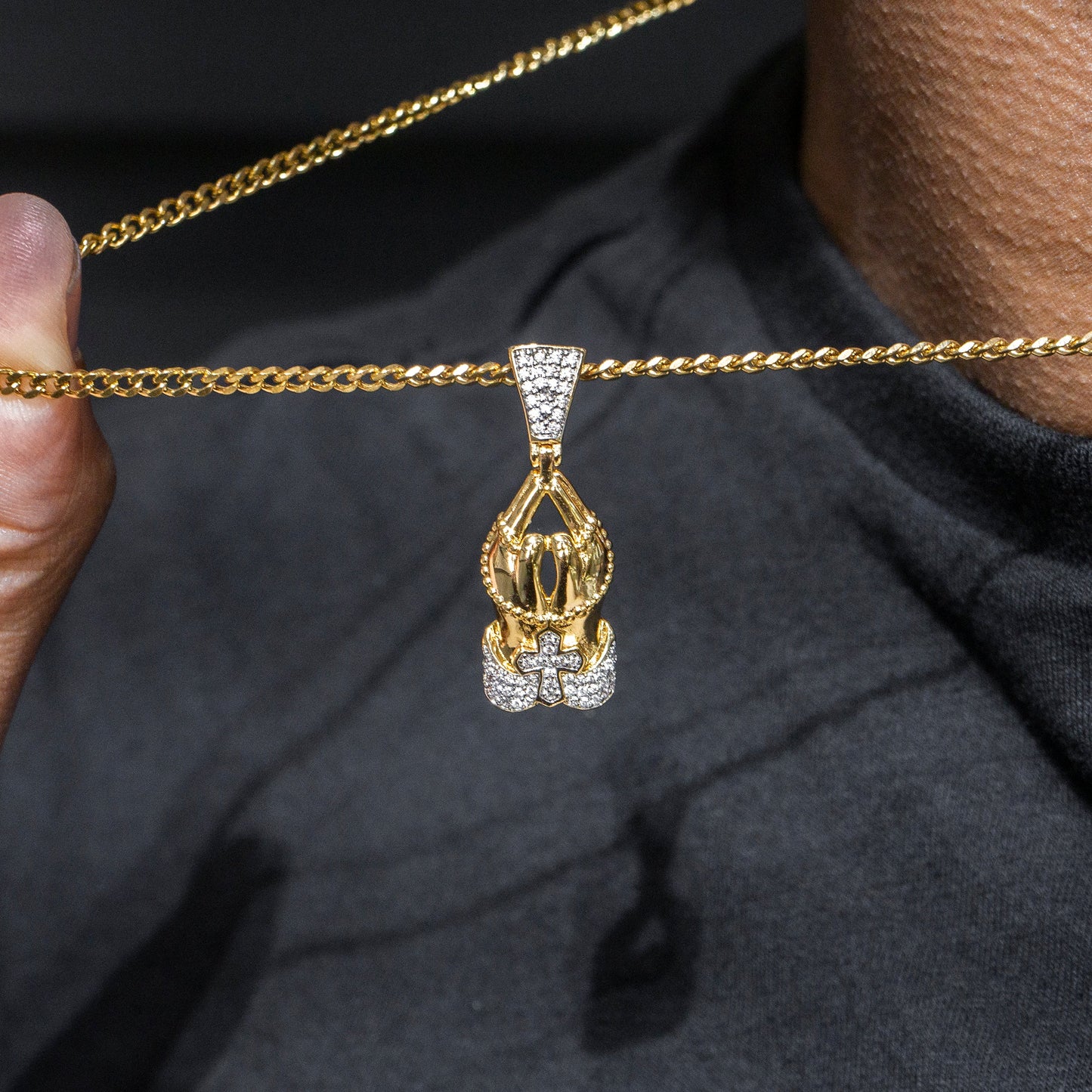 Mens Jewelry -  Gold Iced Out VVS Praying Hands Necklace | Appx. 12 Grams