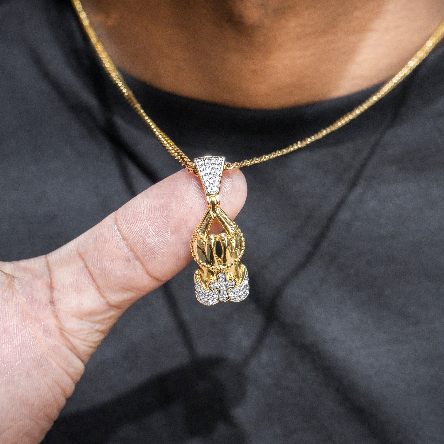 Mens Jewelry -  Gold Iced Out VVS Praying Hands Necklace | Appx. 12 Grams