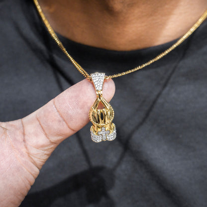 Mens Jewelry -  Gold Iced Out VVS Praying Hands Necklace | Appx. 12 Grams