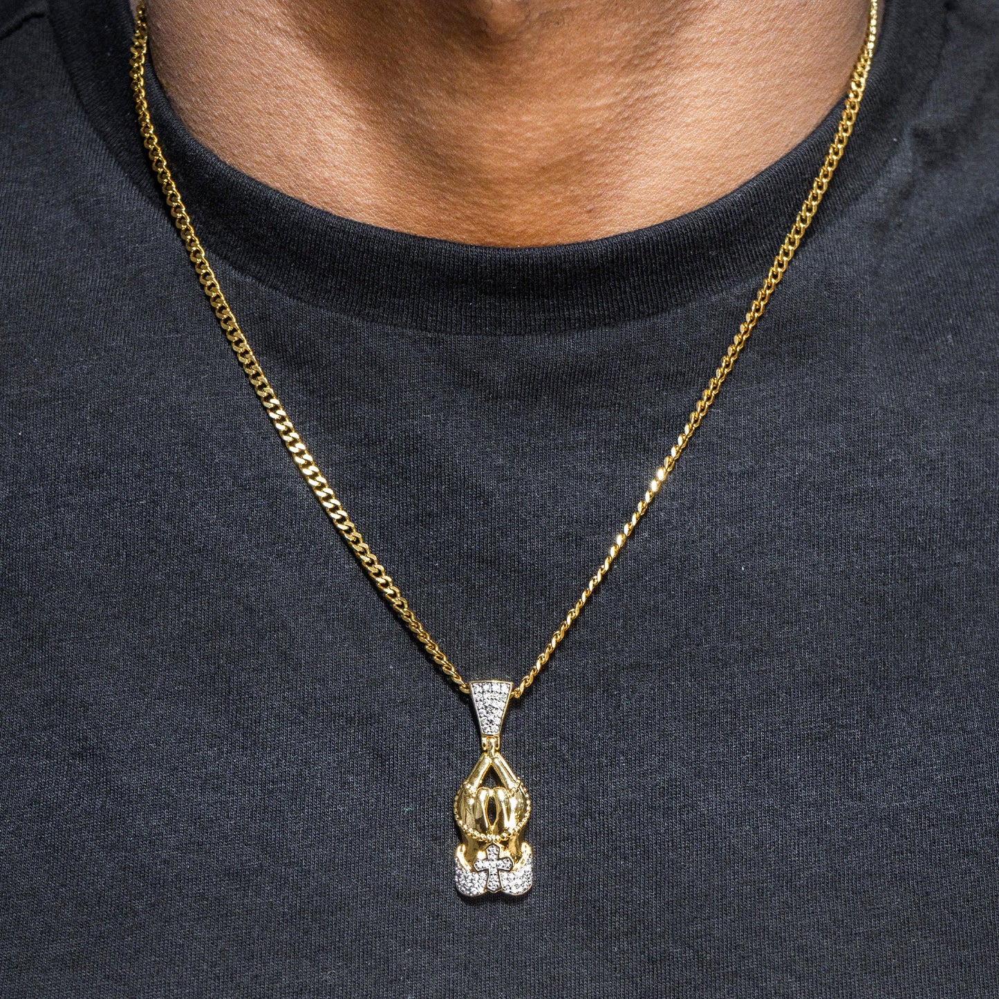 Mens Jewelry -  Gold Iced Out VVS Praying Hands Necklace | Appx. 12 Grams