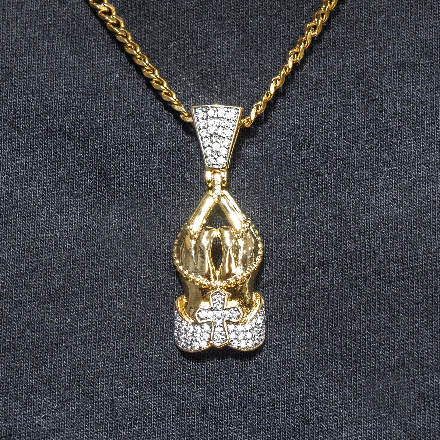 Mens Jewelry -  Gold Iced Out VVS Praying Hands Necklace | Appx. 12 Grams