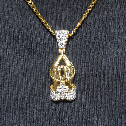 Mens Jewelry -  Gold Iced Out VVS Praying Hands Necklace | Appx. 12 Grams