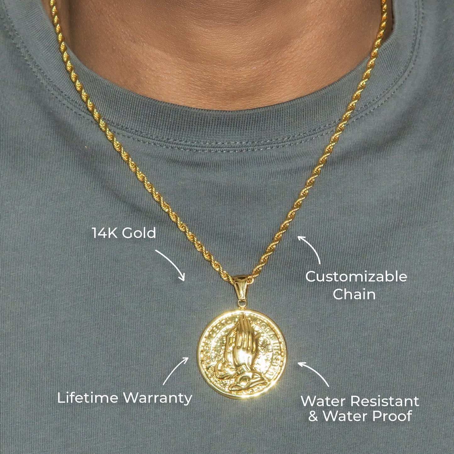 Mens Jewelry - 14K Gold Praying Hands Necklace | Appx. 16 Grams