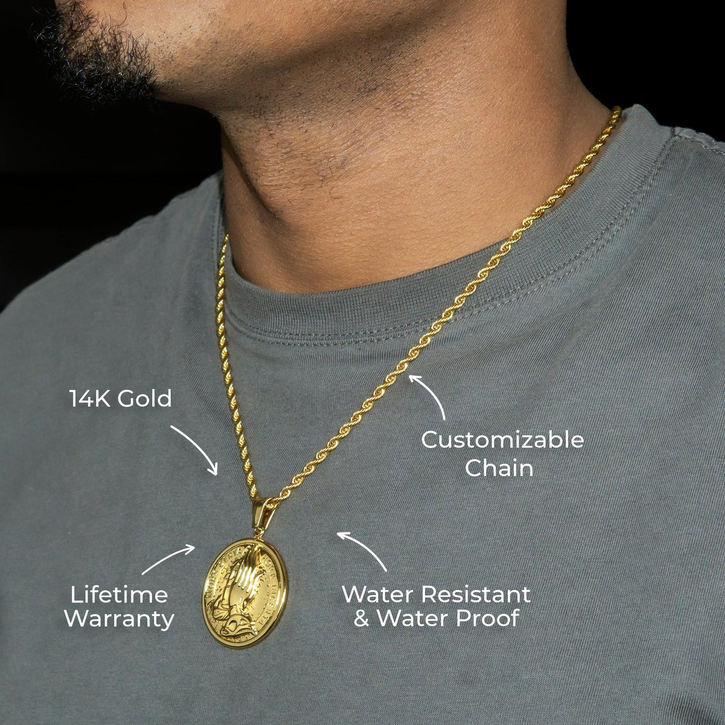 Mens Jewelry - 14K Gold Praying Hands Necklace | Appx. 16 Grams
