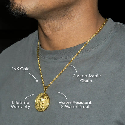 Mens Jewelry - 14K Gold Praying Hands Necklace | Appx. 16 Grams