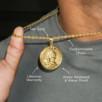 Mens Jewelry - 14K Gold Praying Hands Necklace | Appx. 16 Grams