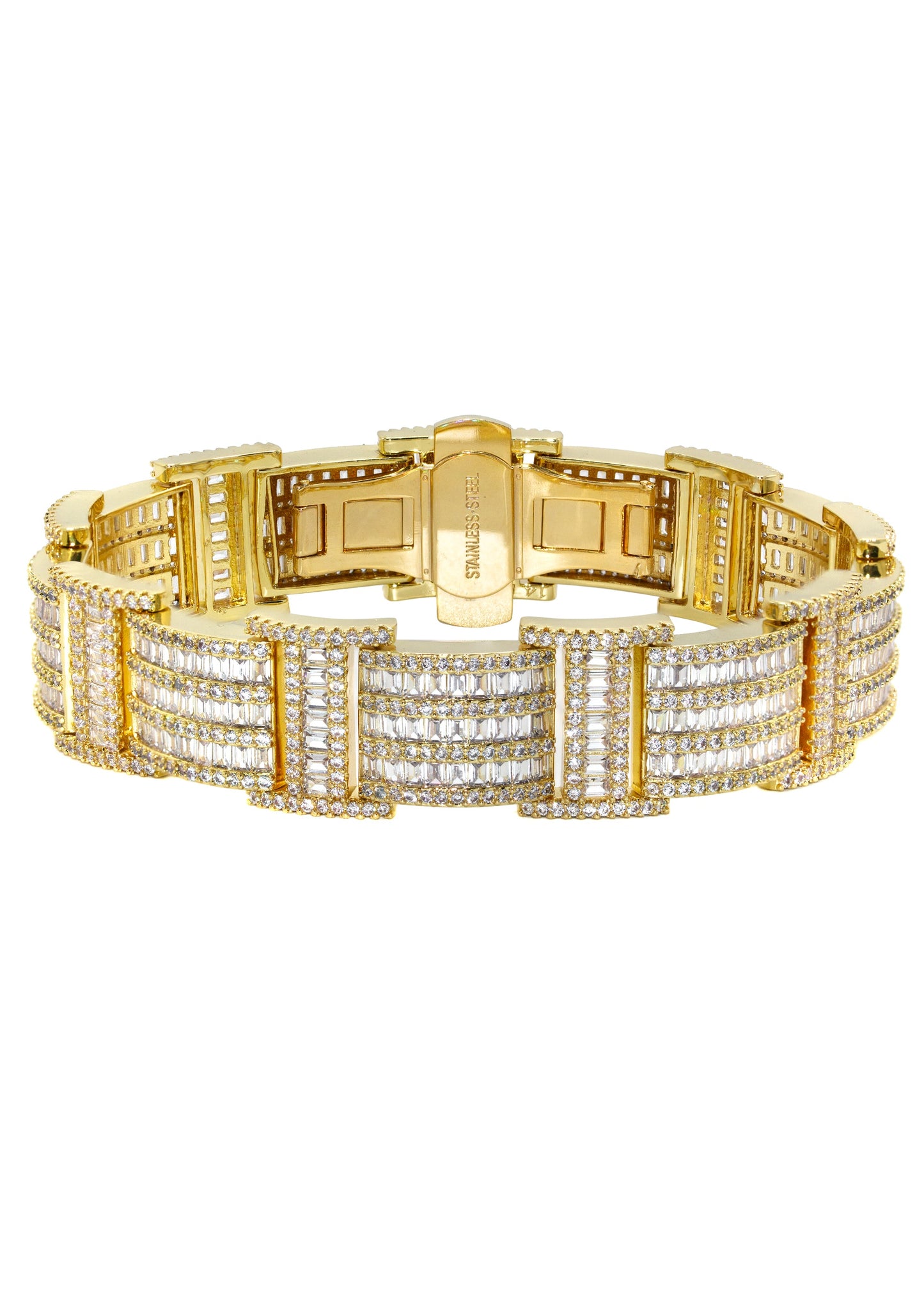 Gold Jewelry -  Mens 14K Gold Iced Out VVS Bar Baguette Presidential Band Bracelet