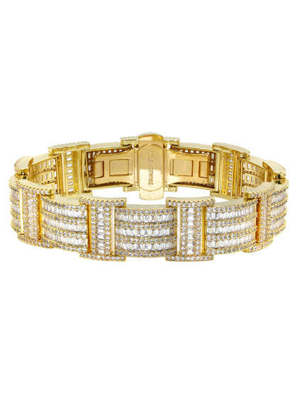 Gold Jewelry -  Mens 14K Gold Iced Out VVS Bar Baguette Presidential Band Bracelet