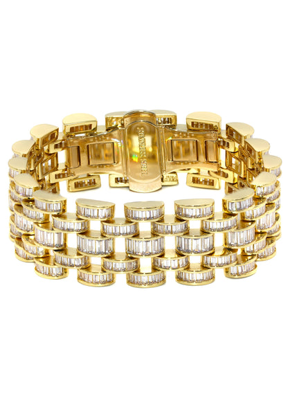 Gold Jewelry -  Mens 14K Gold Iced Out VVS Baguette Presidential Band Bracelet