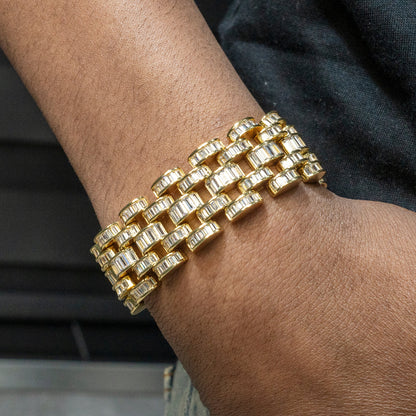 Gold Jewelry -  Mens 14K Gold Iced Out VVS Baguette Presidential Band Bracelet