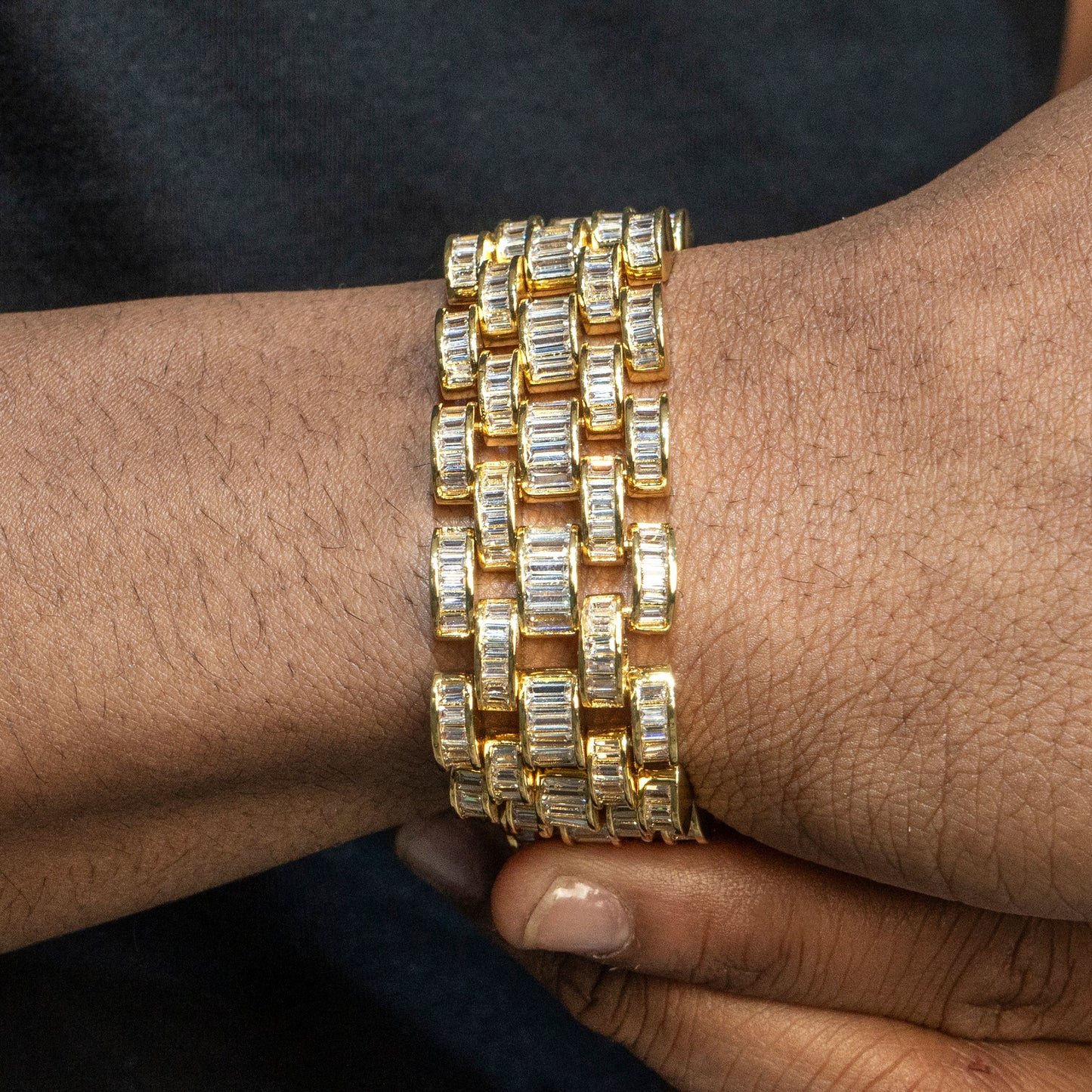 Gold Jewelry -  Mens 14K Gold Iced Out VVS Baguette Presidential Band Bracelet