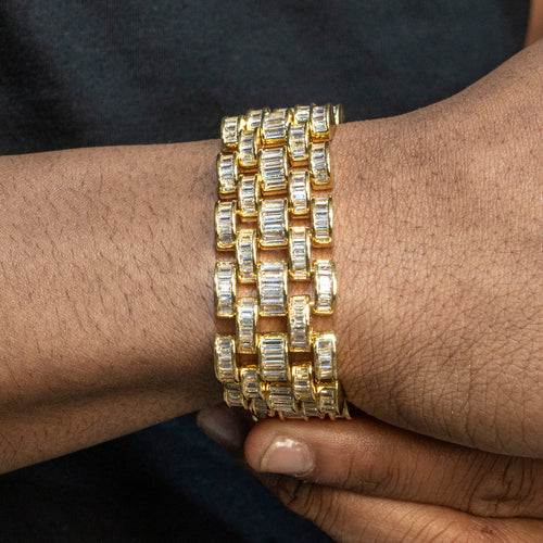 Gold Jewelry -  Mens 14K Gold Iced Out VVS Baguette Presidential Band Bracelet