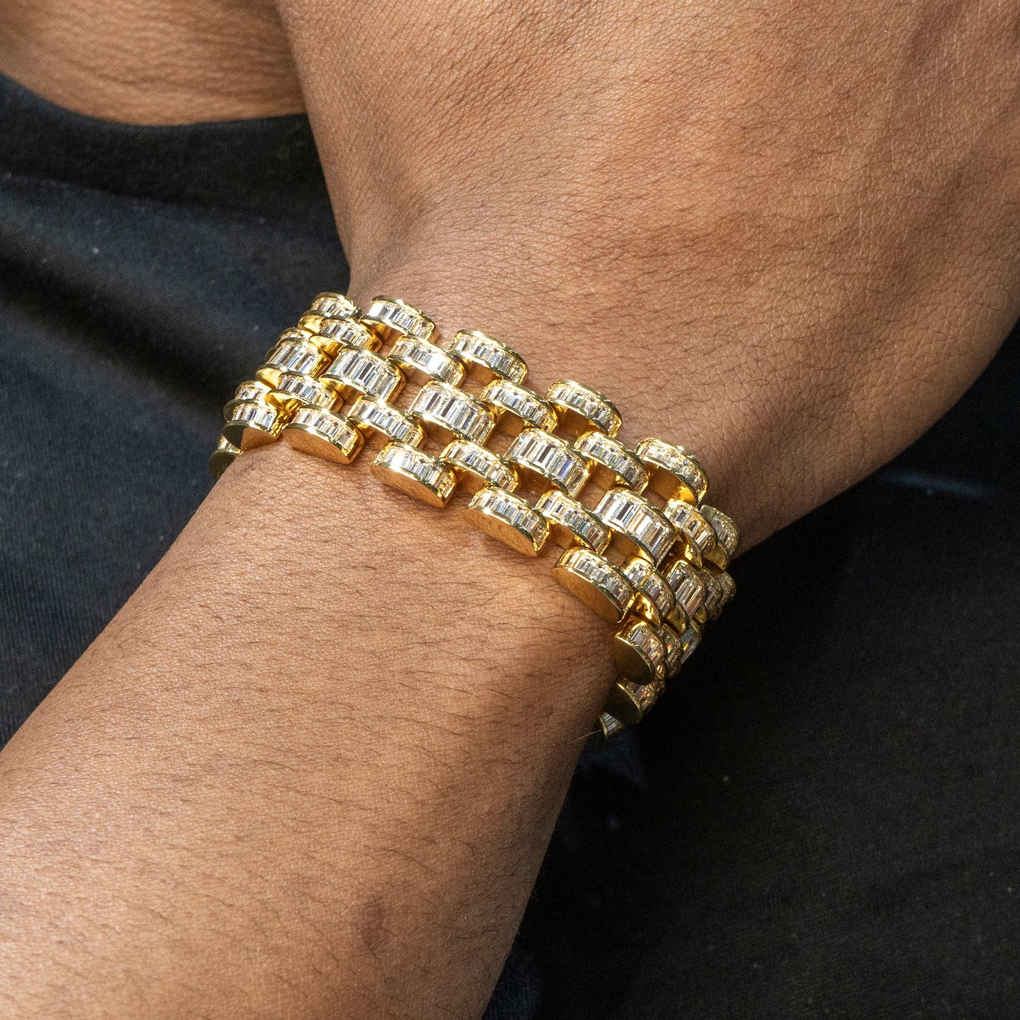 Gold Jewelry -  Mens 14K Gold Iced Out VVS Baguette Presidential Band Bracelet