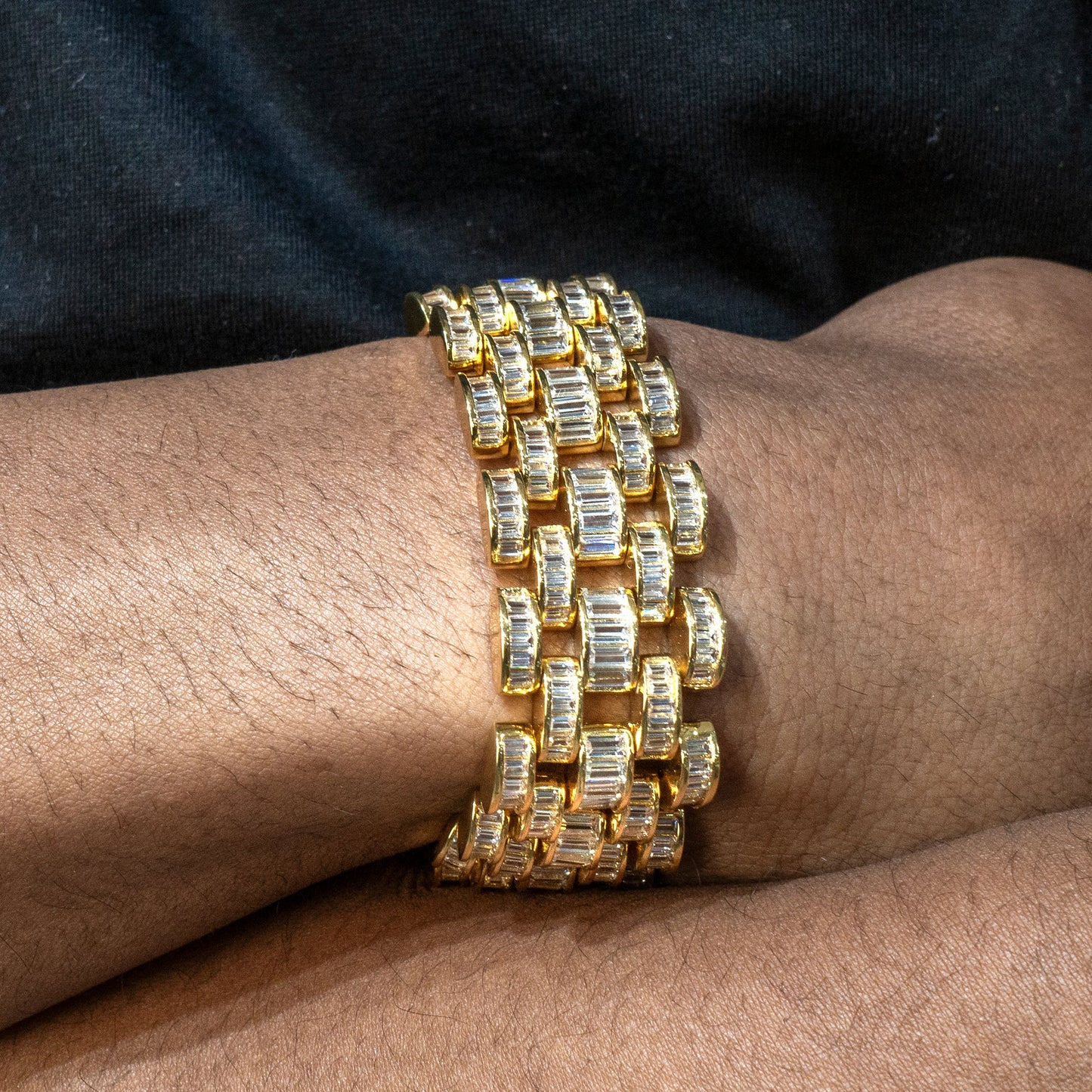 Gold Jewelry -  Mens 14K Gold Iced Out VVS Baguette Presidential Band Bracelet